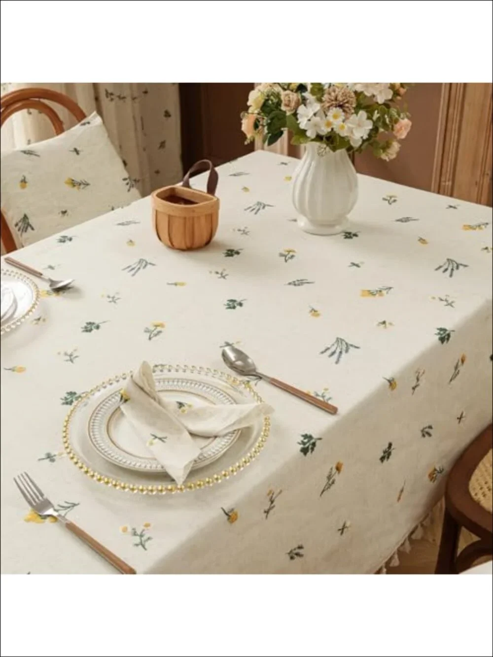 Boho Linen Blend Embroidered Daisy Tablecloth 60x60 with Tassel Fringe